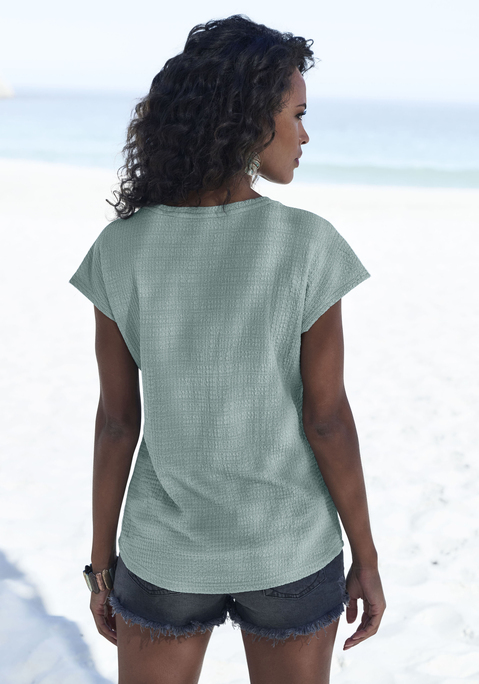Bild: Kurzarmshirt von Vivance: Feminines Rundhals-T-Shirt von Vivance mit schmalem Häkeleinsatz an der Schulter. Vielseitig kombinierbar. Aus strukturierter Crêpeware mit recyceltem Polyester.