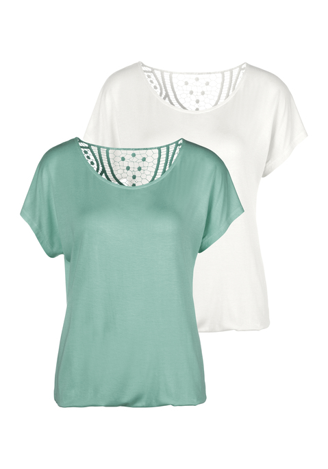 Bild: Kurzarmshirt von Vivance: Vivance T-Shirts mit weichem Häkeleinsatz am Rücken. Gummizug am Bund für eine lockere Passform. Aus elastischer Qualität mit angenehmer Viskosefaser.