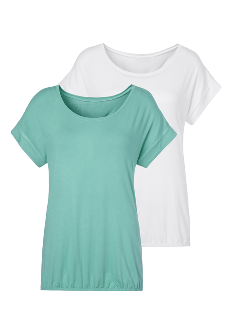 Bild: Kurzarmshirt von Vivance: Vivance T-Shirts im 2er-Pack. Mit breitem Beleg am Ärmelsaum. Gummizug am Bund für eine lässige Passform. Aus weicher Viskose-Elasthan-Qualität.