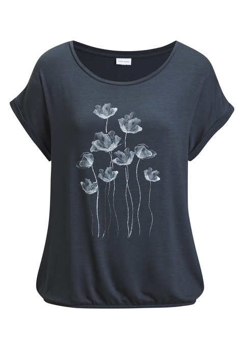 Bild: Kurzarmshirt von Vivance: Hübsches T-Shirt von Vivance. Floraler Frontprint mit schimmernden Details. Rundhalsausschnitt. Nahtlos angesetzte Krempelärmel. Bund mit Gummizug für eine lässige Passform. Schön für sommerliche Outfits. Weich fließender Viskosejersey.