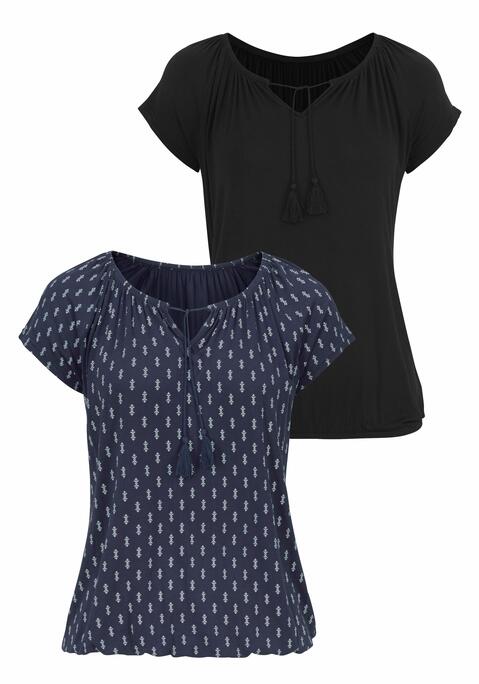 Bild: Kurzarmshirt von Vivance: Vivance Shirts im 2er Pack. Rundhalsausschnitt mit Tasseln zum Binden und zarter Raffung. Gummizug am Bund für eine lässige Passform.