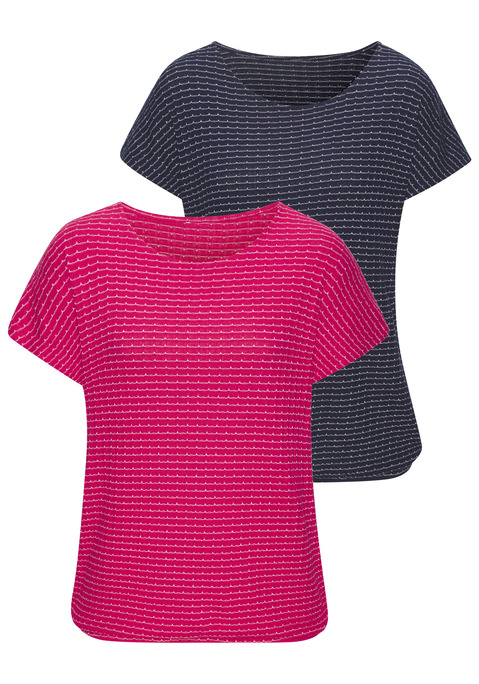 Bild: Kurzarmshirt von Vivance: Strickshirt mit Doppelpack von Lascana. Mit Muster in Streifenoptik. Rundhalsausschnitt. Kurze Ärmel. Elastiskbund. Trageangenehme Qualität mit Viskose aus verbesserter Rohstoffbeschaffung.