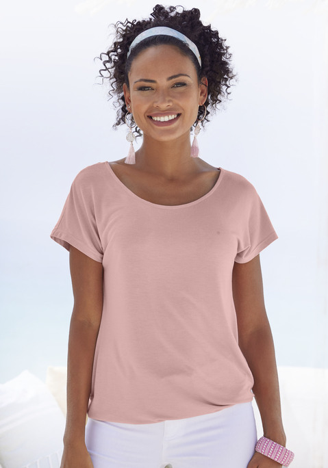 Bild: Kurzarmshirt von Vivance: Vivance T-Shirt mit weichem Häkeleinsatz am Rücken. Gummizug am Bund für eine lockere Passform. Aus elastischer Qualität mit angenehmer Viskosefaser.