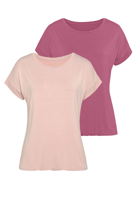 Bild: Kurzarmshirt von Vivance: Vivance T-Shirts im 2er-Pack. Mit breitem Beleg am Ärmelsaum. Gummizug am Bund für eine lässige Passform. Aus weicher Viskose-Elasthan-Qualität.