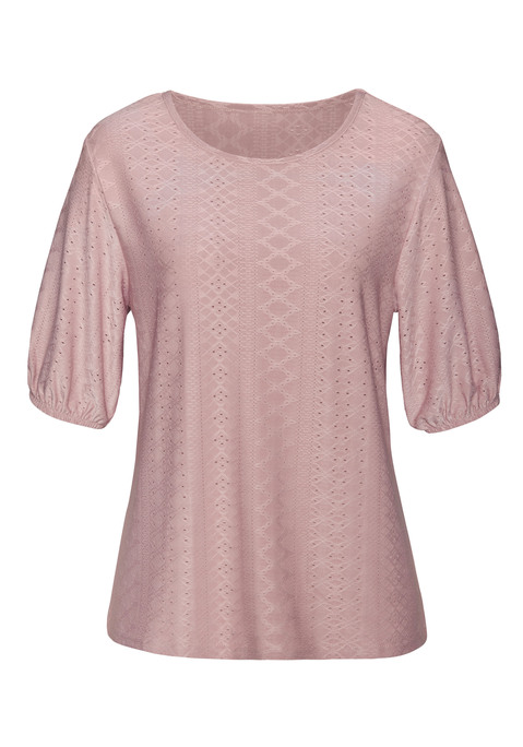 Bild: Kurzarmshirt von Vivance: Rundhals-T-Shirt von Vivance im praktischen Doppelpack. Romantisches Jacquardmuster mit Lochstickerei. Halblange Puffärmel mit elastischem Saum. Leicht taillierte Passform. Pflegeleichtes, fließendes Material.