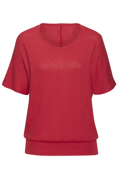 Bild: Kurzarmshirt von Vivance: Feinstrickshirt von Vivance. Rundhalsausschnitt. Breiter Bund am Saum. Bequem und lässig geschnitten. Extraweiche Strickware mit recyceltem Polyester-Anteil.