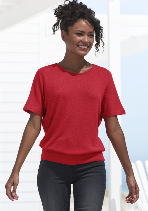 Bild: Kurzarmshirt von Vivance: Feinstrickshirt von Vivance. Rundhalsausschnitt. Breiter Bund am Saum. Bequem und lässig geschnitten. Extraweiche Strickware mit recyceltem Polyester-Anteil.