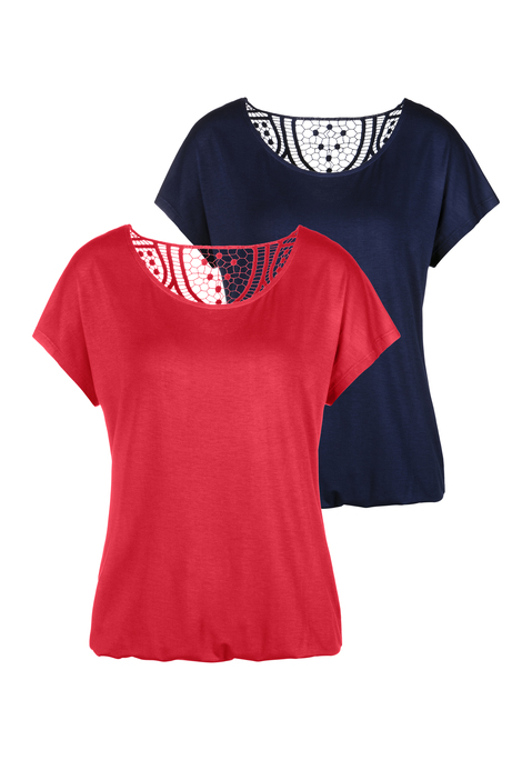 Bild: Kurzarmshirt von Vivance: Vivance T-Shirts mit weichem Häkeleinsatz am Rücken. Gummizug am Bund für eine lockere Passform. Aus elastischer Qualität mit angenehmer Viskosefaser.