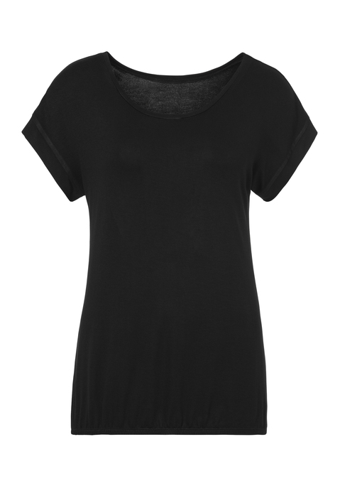 Bild: Kurzarmshirt von Vivance: T-Shirt mit überschnittenen Schultern und breitem Beleg am Ärmelsaum. Rundhalsausschnitt. Gummizug am Saum. Aus 95% Viskose und 5% Elasthan.