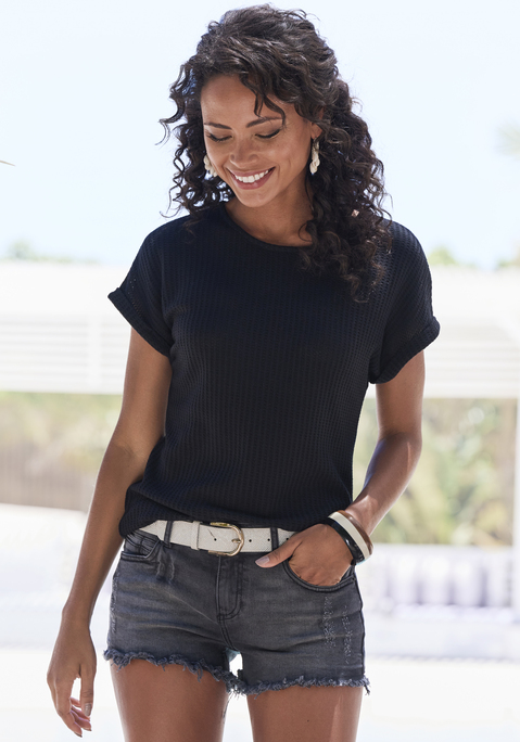 Bild: Kurzarmshirt von Vivance: Vielseitig kombinierbares Basic-T-Shirt von Vivance. Mit fixiertem Ärmelumschlag und Rundhalsausschnitt. Aus weicher Piquéware mit recyceltem Polyester.