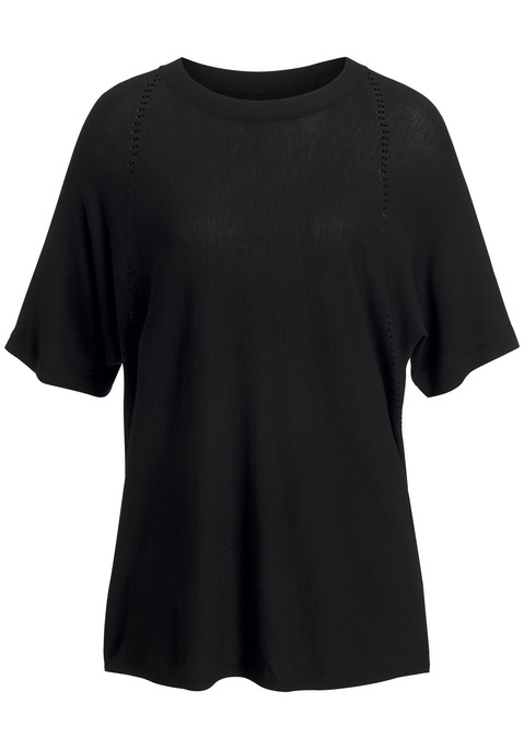 Bild: Kurzarmshirt von Vivance: Strickshirt von Vivance. Dezentes Lochstrickmuster an den Ärmeln. Rundhalsausschnitt. Halbarm. Aus weichem Viskose-Strick.