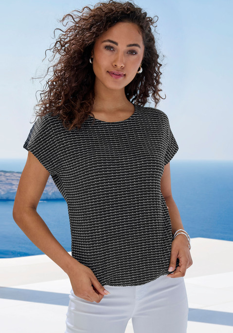 Bild: Kurzarmshirt von Vivance: Strickshirt mit Doppelpack von Lascana. Mit Muster in Streifenoptik. Rundhalsausschnitt. Kurze Ärmel. Elastiskbund. Trageangenehme Qualität mit Viskose aus verbesserter Rohstoffbeschaffung.