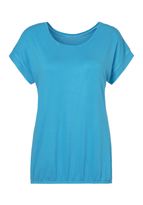 Bild: Kurzarmshirt von Vivance: T-Shirt mit überschnittenen Schultern und breitem Beleg am Ärmelsaum. Rundhalsausschnitt. Gummizug am Saum. Aus 95% Viskose und 5% Elasthan.