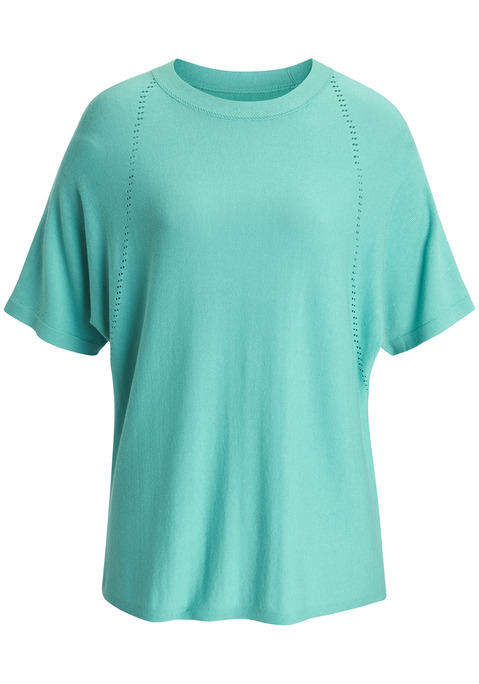 Bild: Kurzarmshirt von Vivance: Strickshirt von Vivance. Dezentes Lochstrickmuster an den Ärmeln. Rundhalsausschnitt. Halbarm. Aus weichem Viskose-Strick.