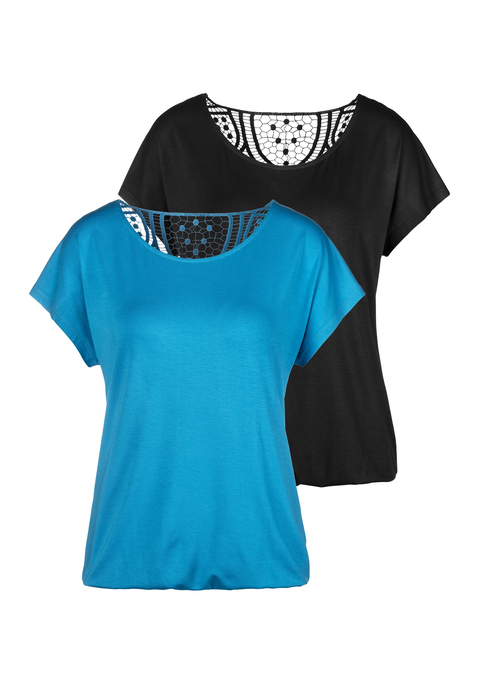 Bild: Kurzarmshirt von Vivance: Vivance T-Shirts mit weichem Häkeleinsatz am Rücken. Gummizug am Bund für eine lockere Passform. Aus elastischer Qualität mit angenehmer Viskosefaser.