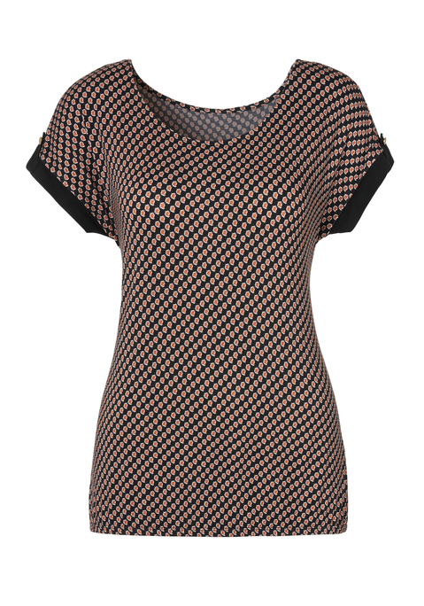 Bild: Kurzarmshirt von Vivance: Vivance Shirtsim 2er-Pack. Angeschnittene Ärmel mit unifarbenen Beleg und goldfarbenen Knopf. Gummizug am Bund für eine lockere Passform. Aus weich fließender Viskose-Elasthan-Qualität.
