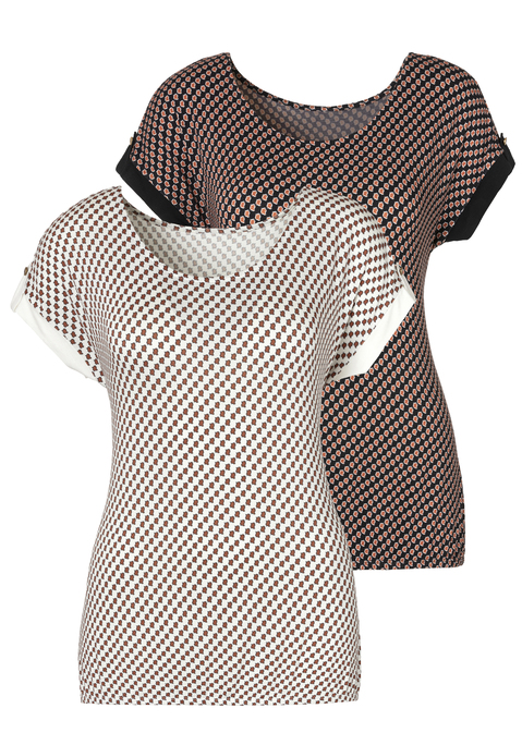 Bild: Kurzarmshirt von Vivance: Vivance Shirtsim 2er-Pack. Angeschnittene Ärmel mit unifarbenen Beleg und goldfarbenen Knopf. Gummizug am Bund für eine lockere Passform. Aus weich fließender Viskose-Elasthan-Qualität.