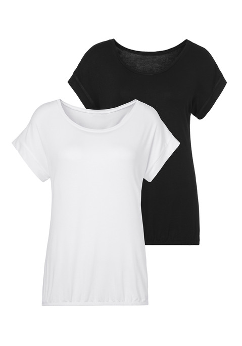 Bild: Kurzarmshirt von Vivance: Vivance T-Shirts im 2er-Pack. Mit breitem Beleg am Ärmelsaum. Gummizug am Bund für eine lässige Passform. Aus weicher Viskose-Elasthan-Qualität.