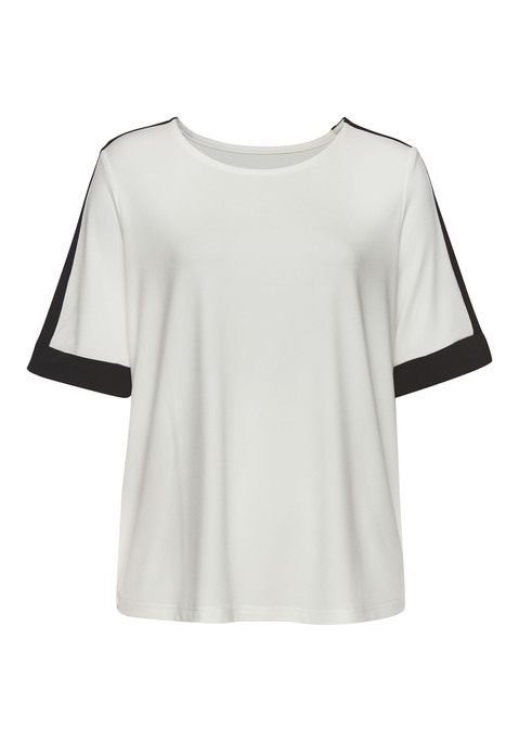 Bild: Kurzarmshirt von Vivance: Kurzarmshirt von Vivance mit Kontrastreifen entlang der Ärmel. Weiter Rundhalsausschnitt. Halblange Ärmel. Gerader Saum. Lockere Passform. Knitterarme, pflegeleichte Qualität.