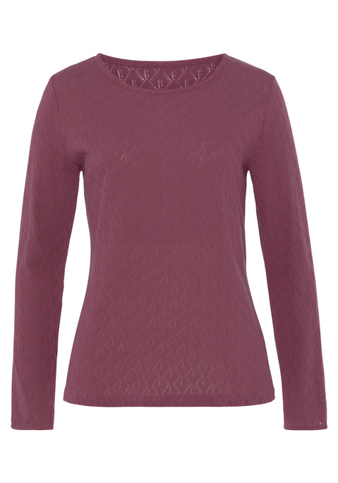 Bild: Langarmshirt von Vivance: Unifarbenes Langarmshirt von Vivance mit feinem Ajourmuster. Rundhalsausschnitt. Taillierte Passform. Weiche, leichte Qualität mit recyceltem Polyester.