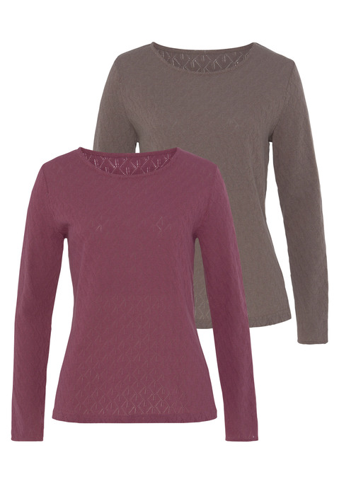 Bild: Langarmshirt von Vivance: Unifarbene Langarmshirts von Vivance im Doppelpack. Mit feinem Ajourmuster. Rundhalsausschnitt. Taillierte Passform. Weiche, leichte Qualität mit recyceltem Polyester.