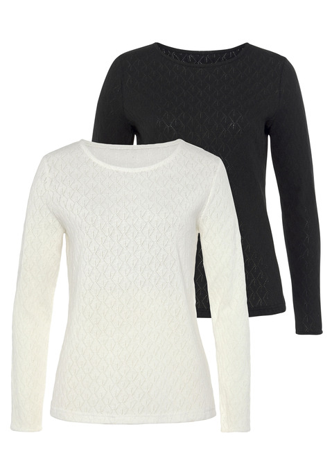 Bild: Langarmshirt von Vivance: Unifarbene Langarmshirts von Vivance im Doppelpack. Mit feinem Ajourmuster. Rundhalsausschnitt. Taillierte Passform. Weiche, leichte Qualität mit recyceltem Polyester.