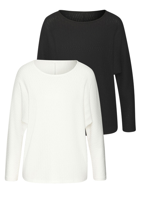 Bild: Langarmshirt von Vivance: Langarmshirt von Vivance im Doppelpack. Aus besonders weichem Strukturstrick. Rundhalsausschnitt. Locker fallende Passform. Pflegeleichte Qualität mit recyceltem Polyester und Viskose..
