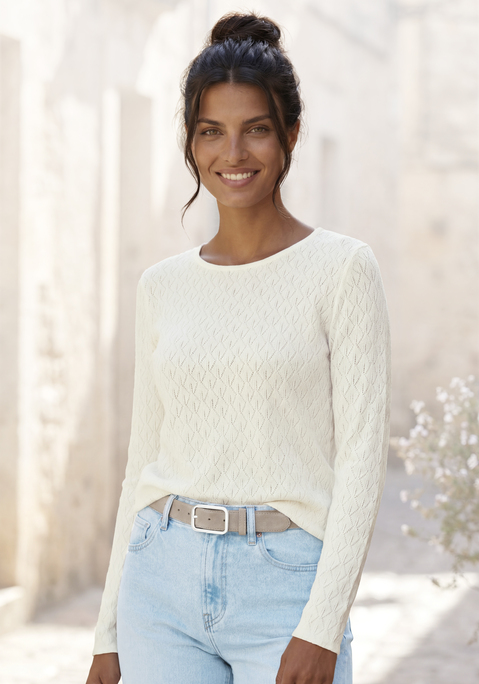 Bild: Langarmshirt von Vivance: Unifarbenes Langarmshirt von Vivance mit feinem Ajourmuster. Rundhalsausschnitt. Taillierte Passform. Weiche, leichte Qualität mit recyceltem Polyester.