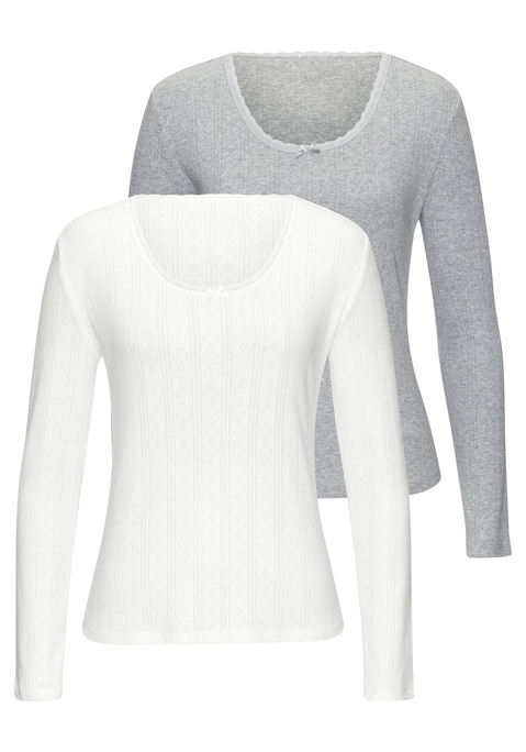 Bild: Langarmshirt von Vivance: Stilvolles Langarmshirt von Vivance im 2er-Pack. Aus feinem Pointelle-Strick. Mit zarter Spitze und Schleife am runden Ausschnitt. Hochwertige, weiche Baumwoll-Qualität.