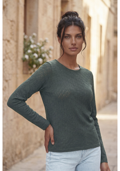 Bild: Langarmshirt von Vivance: Unifarbenes Langarmshirt von Vivance mit feinem Ajourmuster. Rundhalsausschnitt. Taillierte Passform. Weiche, leichte Qualität mit recyceltem Polyester.