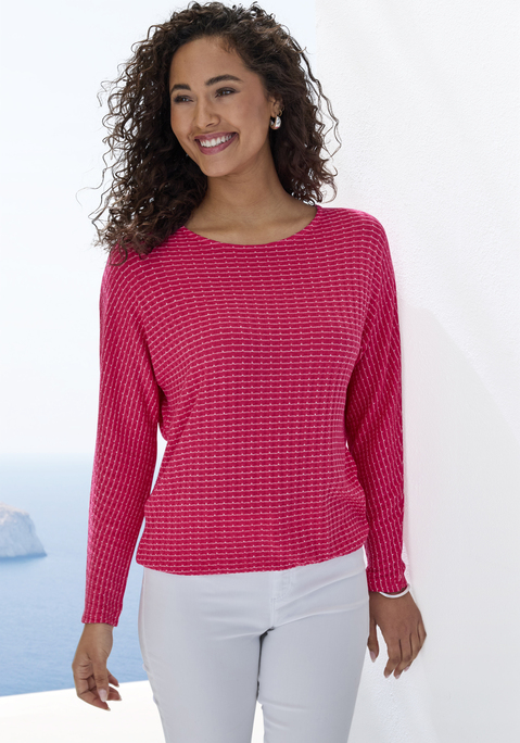 Bild: Langarmshirt von Vivance: Langärmeliges Strickshirt mit Jacquardmuster in Streifenoptik von Lascana. Rundhalsausschnitt. Elastikbund. Trageangenehme Qualität mit Viskose aus verbesserter Rohstoffbeschaffung.