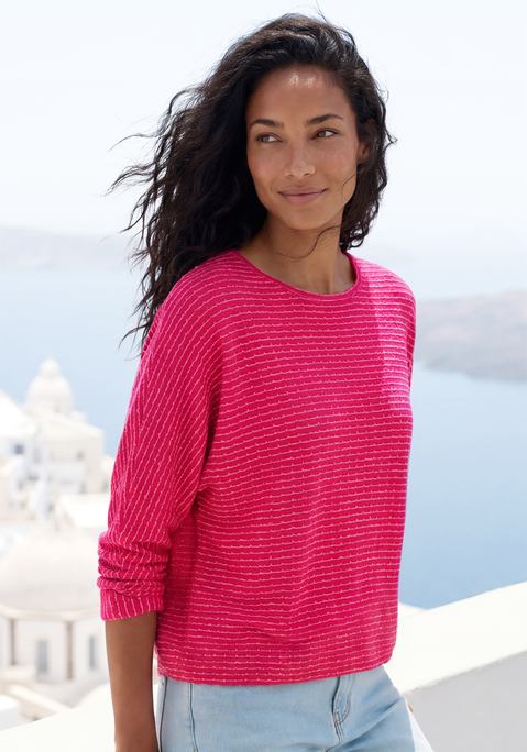Bild: Langarmshirt von Vivance: Langärmeliges Strickshirt mit Jacquardmuster in Streifenoptik von Lascana. Rundhalsausschnitt. Elastikbund. Trageangenehme Qualität mit Viskose aus verbesserter Rohstoffbeschaffung.