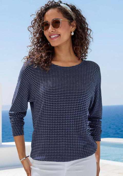 Bild: Langarmshirt von Vivance: Langärmeliges Strickshirt im Doppelpack von Lascana. Mit Jacquardmuster in Streifenoptik. Rundhalsausschnitt. Elastikbund. Trageangenehme Qualität mit Viskose aus verbesserter Rohstoffbeschaffung.