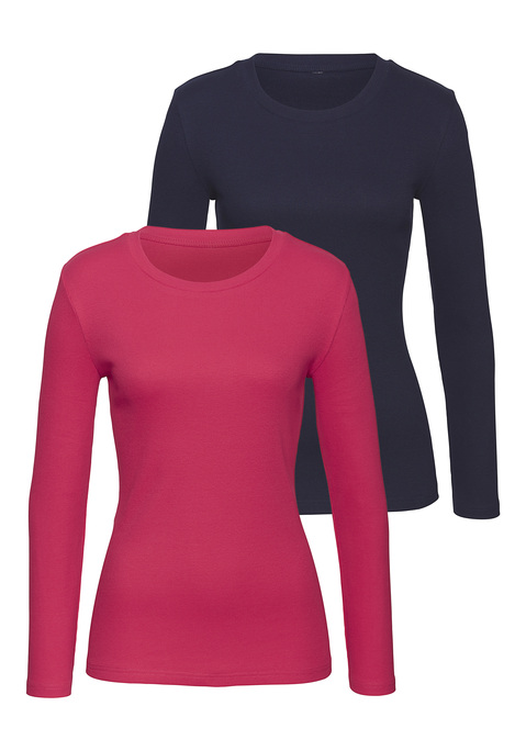Bild: Langarmshirt von Vivance: Unifarbenes Basic-Langarmshirt von Vivance im 2er-Pack. Rundhalsausschnitt. Figurnahe Passform. Vielseitig zu kombinieren. Aus weicher, elastischer Baumwoll-Rippware.