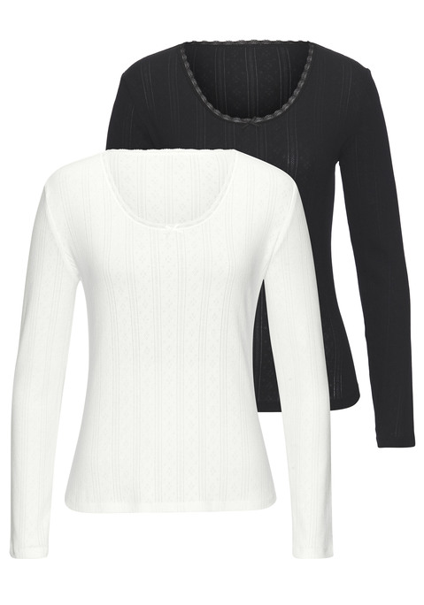 Bild: Langarmshirt von Vivance: Stilvolles Langarmshirt von Vivance im 2er-Pack. Aus feinem Pointelle-Strick. Mit zarter Spitze und Schleife am runden Ausschnitt. Hochwertige, weiche Baumwoll-Qualität.