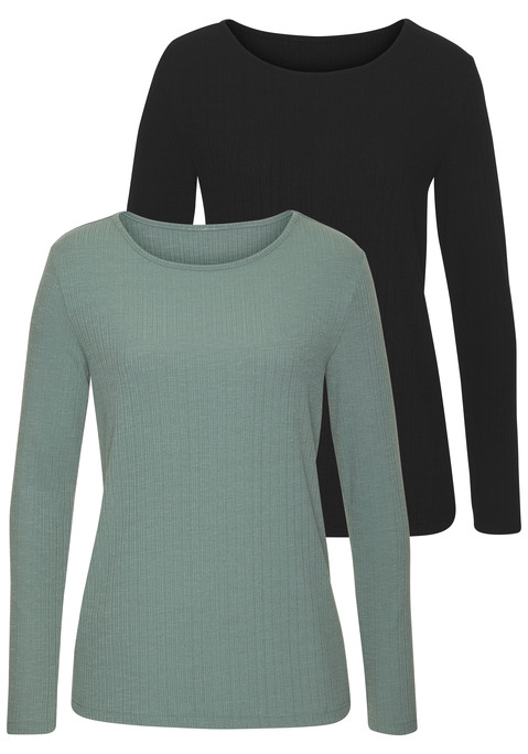 Bild: Langarmshirt von Vivance: Unifarbenes Ripp-Langarmshirt von Vivance im 2er-Pack. Rundhalsausschnitt. Vielseitig zu Hosen und Röcken kombinierbar. Weich fließende Qualität mit Viskoseanteil.