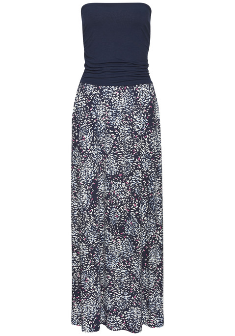 Bild: Maxikleid von Vivance: Maxikleid von Vivance. Bandeauform mit Gummizug am Ausschnitt. Oberteil doppellagig, seitlich gerafft und unifarben, Rock allover gemustert. Praktische Eingrifftaschen. Gummizug auf Hüfthöhe. Weiche Jerseyqualität. Rückenlänge ca. 120 cm. Aus 95% Viskose, 5% Elasthan.