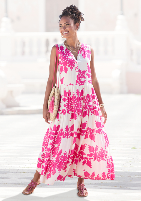 Bild: Maxikleid von Vivance: Sommerliches Maxikleid von Vivance mit tollem Druck. Oberteil mit V-Ausschnitt mit Blende und funktionaler Knopfleiste. Luftiger Rockteil mit Volants. Alloverprint, fällt bei jedem Teil etwas anders aus. Hoher Komfort dank gewebter Viskose.
