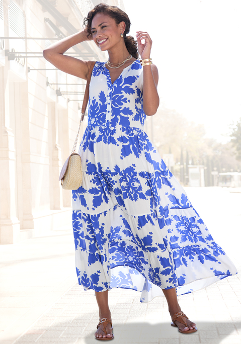 Bild: Maxikleid von Vivance: Sommerliches Maxikleid von Vivance mit tollem Druck. Oberteil mit V-Ausschnitt mit Blende und funktionaler Knopfleiste. Luftiger Rockteil mit Volants. Alloverprint, fällt bei jedem Teil etwas anders aus. Hoher Komfort dank gewebter Viskose.