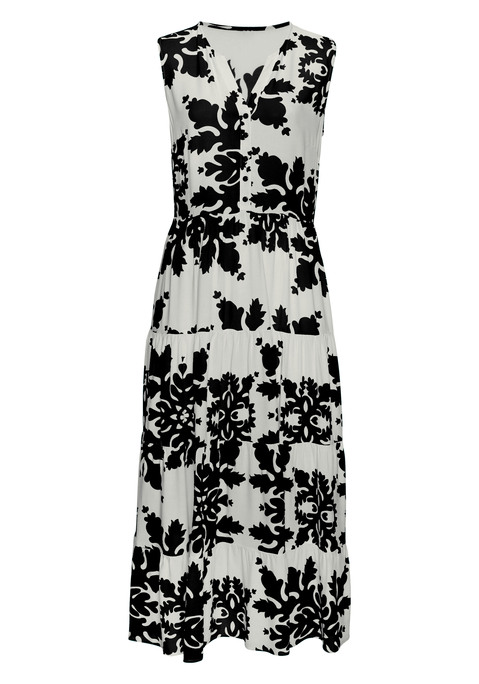 Bild: Maxikleid von Vivance: Sommerliches Maxikleid von Vivance mit tollem Druck. Oberteil mit V-Ausschnitt mit Blende und funktionaler Knopfleiste. Luftiger Rockteil mit Volants. Alloverprint, fällt bei jedem Teil etwas anders aus. Hoher Komfort dank gewebter Viskose.