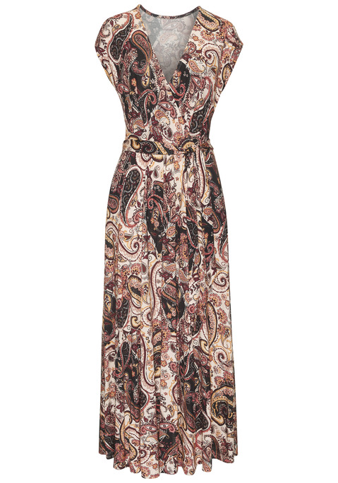 Bild: Maxikleid von Vivance: Maxikleid mit Allover-Paisleymuster von Vivance. Tiefer V-Ausschnitt in Wickeloptik. Kurze, überschnittene Ärmel. Gummizug in der Taille. Aus weichem Viskosejersey aus verbesserter Rohstoffbeschaffung.