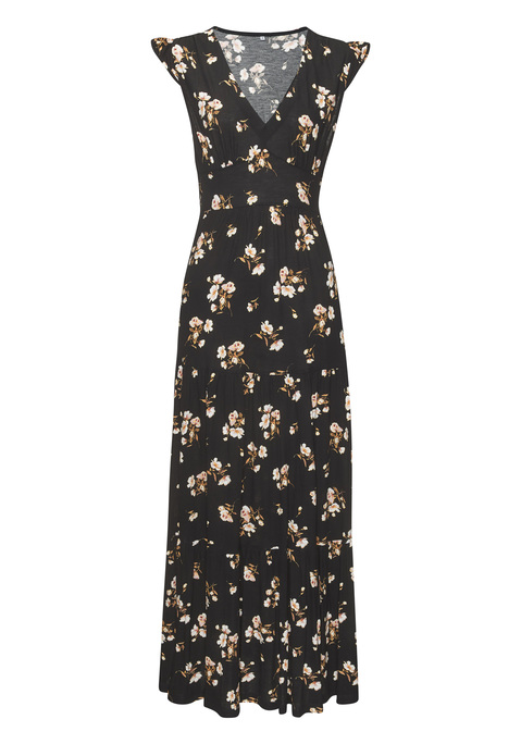 Bild: Maxikleid von Vivance: Maxikleid von Vivance. Allover-Blumenprint. V-Ausschnitt. Kurze Flügelärmel. Gesmokter Bund hinten. Teilungsnähte im Rock. Stufenoptik. Aus Viskose.