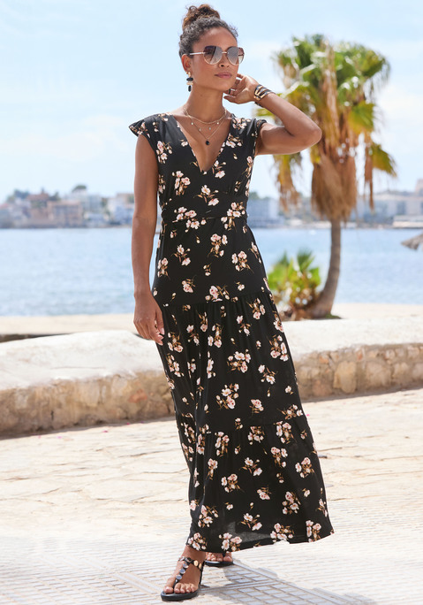 Bild: Maxikleid von Vivance: Maxikleid von Vivance. Allover-Blumenprint. V-Ausschnitt. Kurze Flügelärmel. Gesmokter Bund hinten. Teilungsnähte im Rock. Stufenoptik. Aus Viskose.