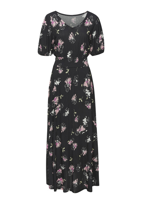 Bild: Maxikleid von Vivance: Maxikleid von Vivance. Alloverprint, jedes Teil ein Einzelstück. Tiefer V-Ausschnitt. Kurze Ärmel mit Gummizugsaum. Rundum gesmokte Taille. Figurumspielende Passform. Weich fließender Viskosejersey.