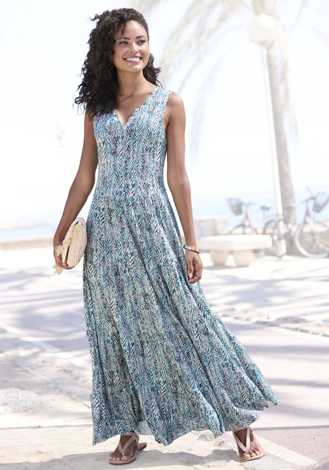 Bild: Maxikleid von Vivance: Maxikleid von Vivance mit Alloverprint. Ärmelloses Design mit V-Ausschnitt und Tanktopträgern. Figurbetontes Oberteil, ausgestellter Rockteil. Mit schmeichelnder Teilungsnaht. Aus angenehmer Viskose.