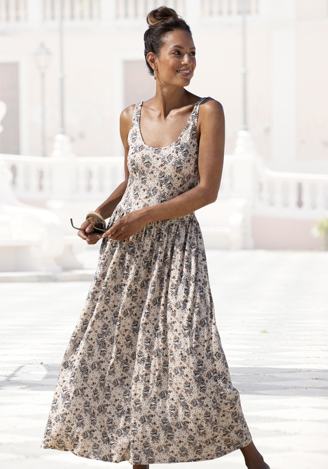 Bild: Midikleid von Vivance: Strandkleid von VIVANCE mit rundem Ausschnitt vorn und hinten. Figurbetonende  Schnittführung mit ausgestelltem Rockteil. Länge ca. 122cm. Weich fließende Qualität aus 100% Viskose.