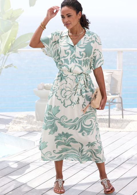 Bild: Midikleid von Vivance: Midikleid von Vivance mit modischem Kragen und V-Ausschnitt. Knopfleiste bis zur Taille. Gummizug mit abnehmbarem Bindegürtel. Praktische Seitennahttaschen. Aus weicher Viskose-Webware.