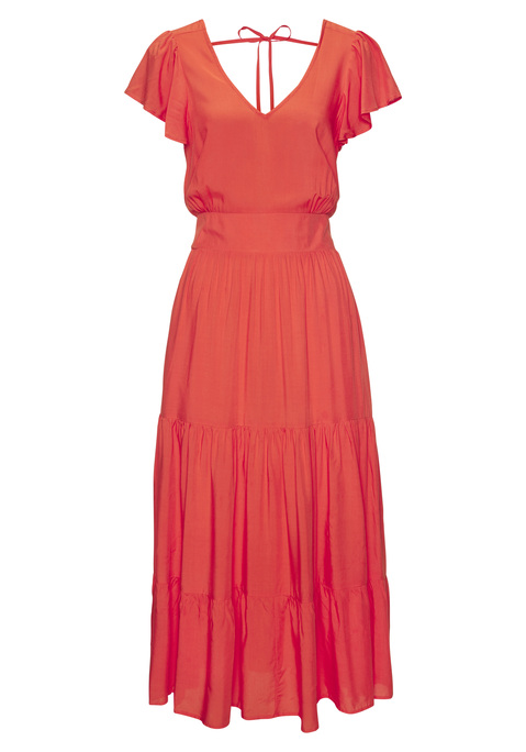 Bild: Midikleid von Vivance: Modisches Midikleid von Vivance. Highlight: Der tiefe V-Ausschnitt vorn und hinten. Kurze Flügelärmel. Formschmeichelnder Einsatz in der Taille, hinten gesmokt. Leicht ausgestellter Stufenrock mit Seitennahttaschen. Angenehme, leichte Webware aus Viskose.