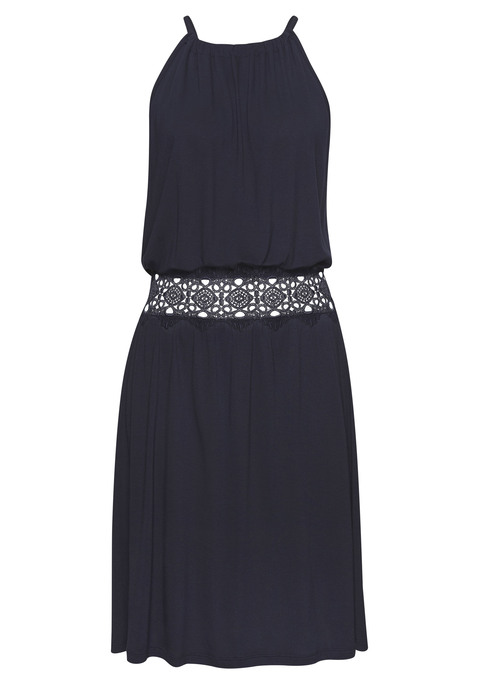 Bild: Sommerkleid von Vivance: Elegantes Trägerkleid von Vivance. Spitzenband in der Taille. Amerikanischer Halsausschnitt mit Raffung. Schmale Spaghettiträger. Schlitz mit Knopfverschluss im Nacken. Weich fließende Viskose.