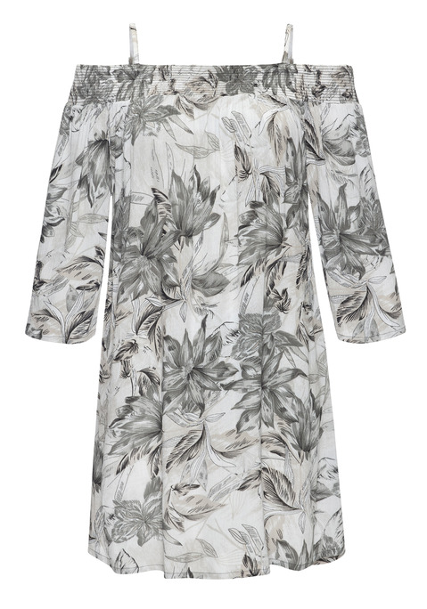Bild: Off-Shoulder-Kleid von Vivance: Schulterfreies Kleid mit Allover-Print von Vivance. Bandeauform mit breitem elastischen Gummizug. Verstellbare Spaghettiträger für perfekten Halt. Mit 3/4-Ärmeln. Aus leicht strukturierter und gekreppter Viskoseware.